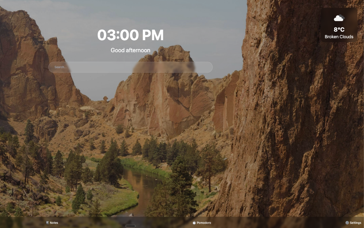 HorizonTab screenshot showing a beautiful landscape with time and weather