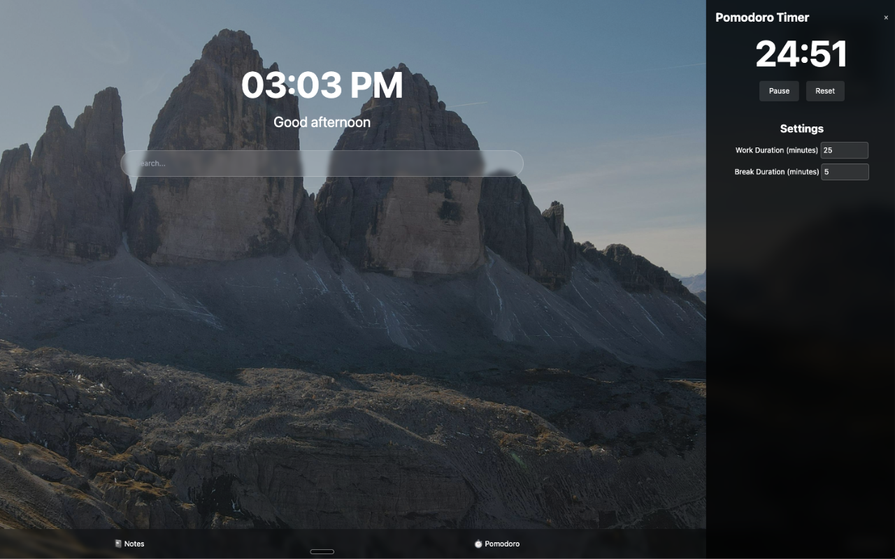 HorizonTab screenshot with pomodoro timer